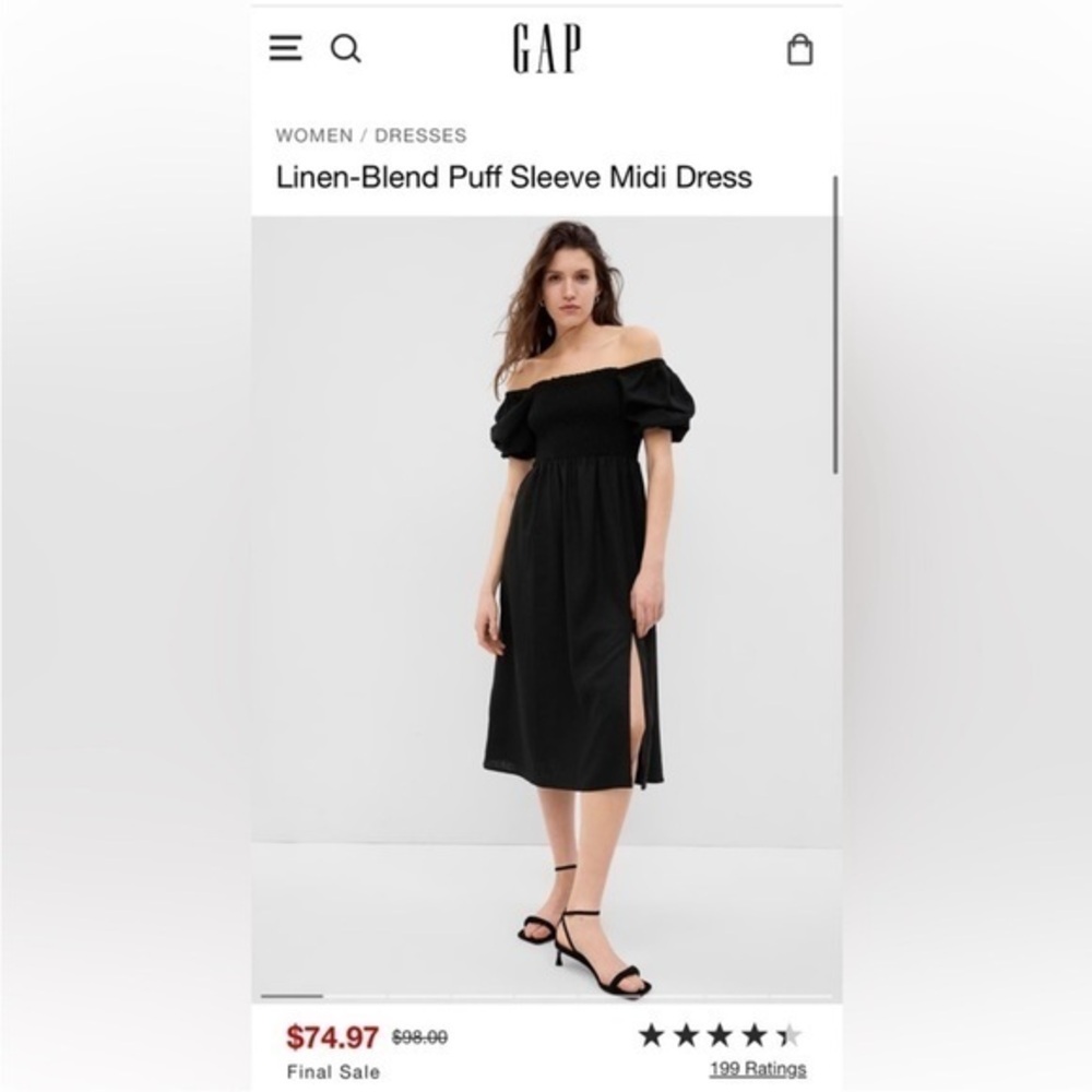 Black Linen-Blend Puff Sleeve Midi Dress from Gap NWT wonderful size L Petite